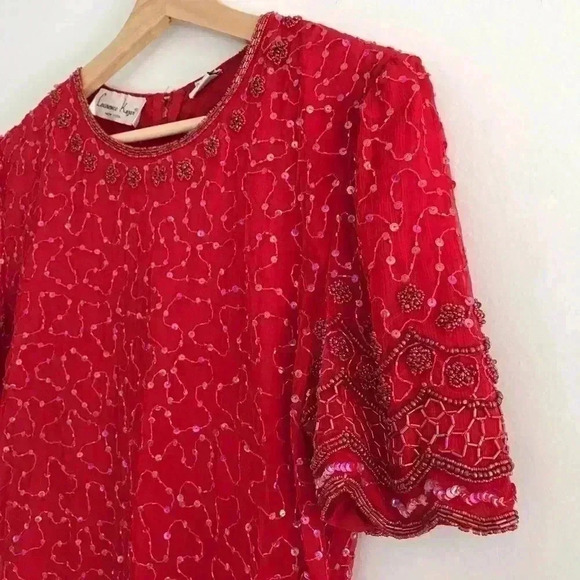 Vintage Laurence Kazar Beaded Silk Red Dress Sz M - Picture 2 of 8